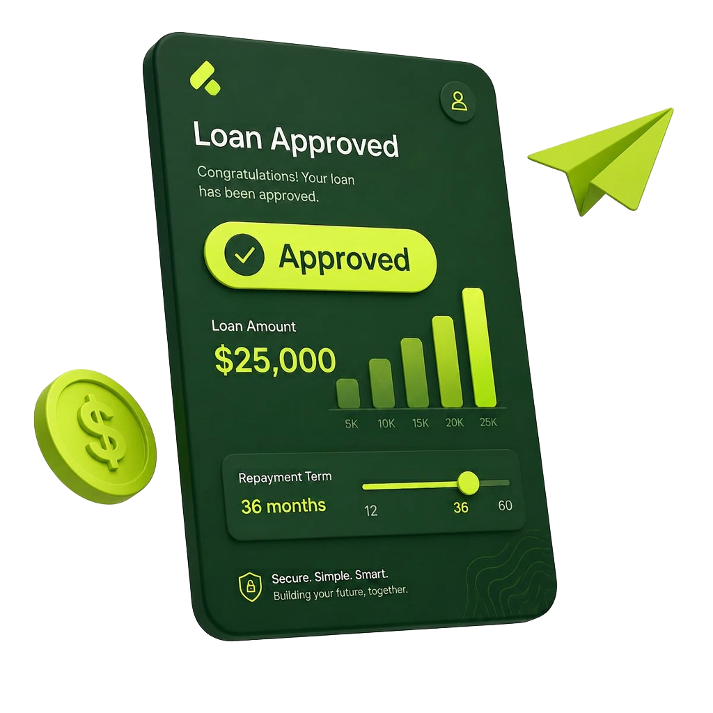 Gatsby app showing an approved business loan with amount and repayment term